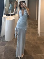 TARUXY Deep V Neck Slim Maxi Dresses For Women Mesh Splice See Through Folds Long Dress Femme Side Slit Sexy Evening Dress Woman