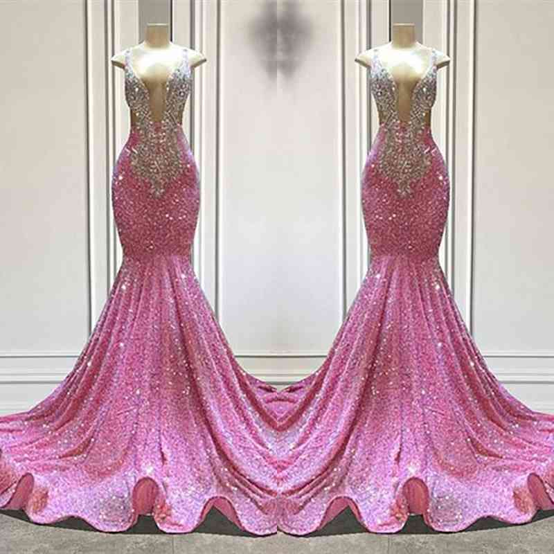 Bmbridal Pink V Neck Mermaid Prom Dress Sleeveless Beaded Floor Length