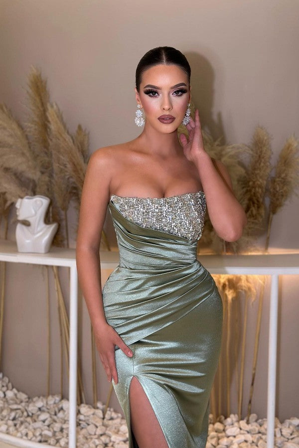 Dusty Sage Satin Mermaid Prom Dress With Beading And Slit Sweetheart Neckline