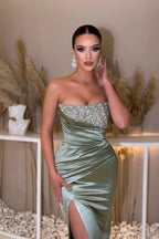 Dusty Sage Satin Mermaid Prom Dress With Beading And Slit Sweetheart Neckline