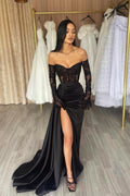 Bmbridal Black Lace Mermaid Evening Dress With Gloves And Slit
