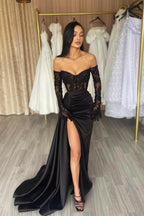 Bmbridal Black Lace Mermaid Evening Dress With Gloves And Slit