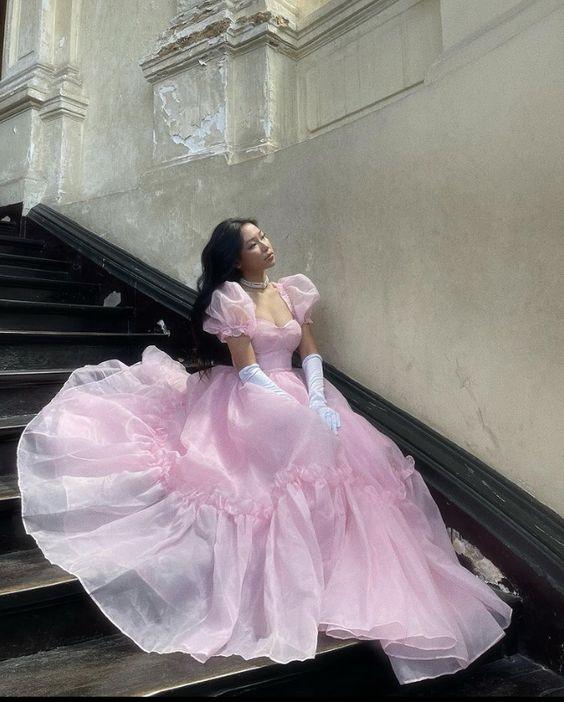 Robe de Quinceañera rose en tulle à manches bouffantes, robe de bal, robe de Sweet 16 Y1968