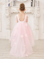 Princess Sleeveless Tulle Flower Girl Dress With Beading And Feather Bow
