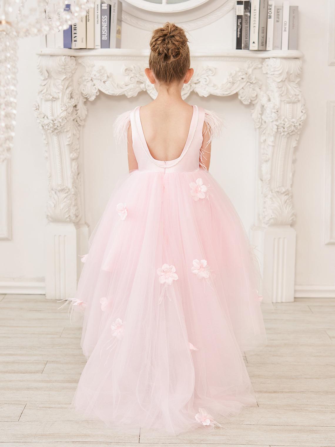 Princess Sleeveless Tulle Flower Girl Dress With Beading And Feather Bow