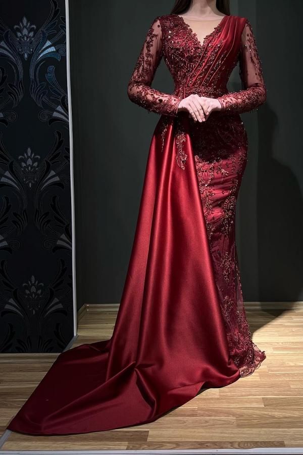 Burgundy Long Sleeve Mermaid Evening Dress With Beads And Ruffles