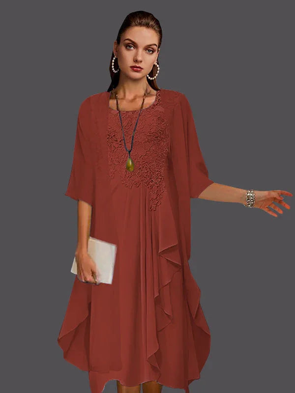 Vestidos de dos piezas con chaqueta sin mangas de encaje de gasa en línea A con pliegues y apliques