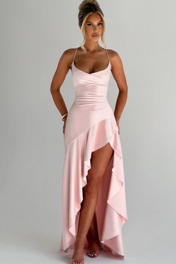 Custom Made Spaghetti Strap Sleeveless Prom Dress With Pleated Long Split
