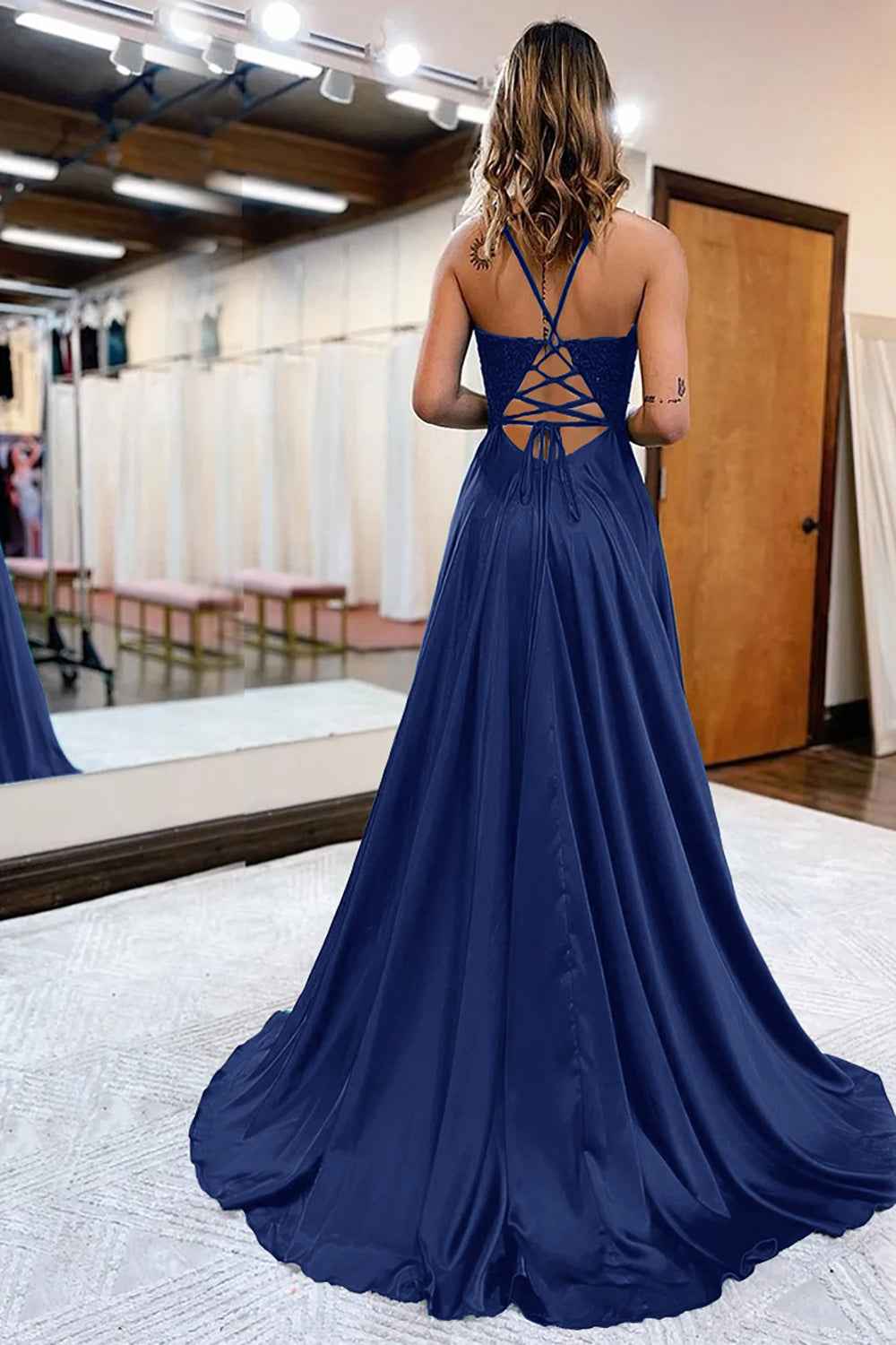 Dark Green Satin A-Line Appliqued Prom Dress With Side Slit For Formal Evening Party Occasions
