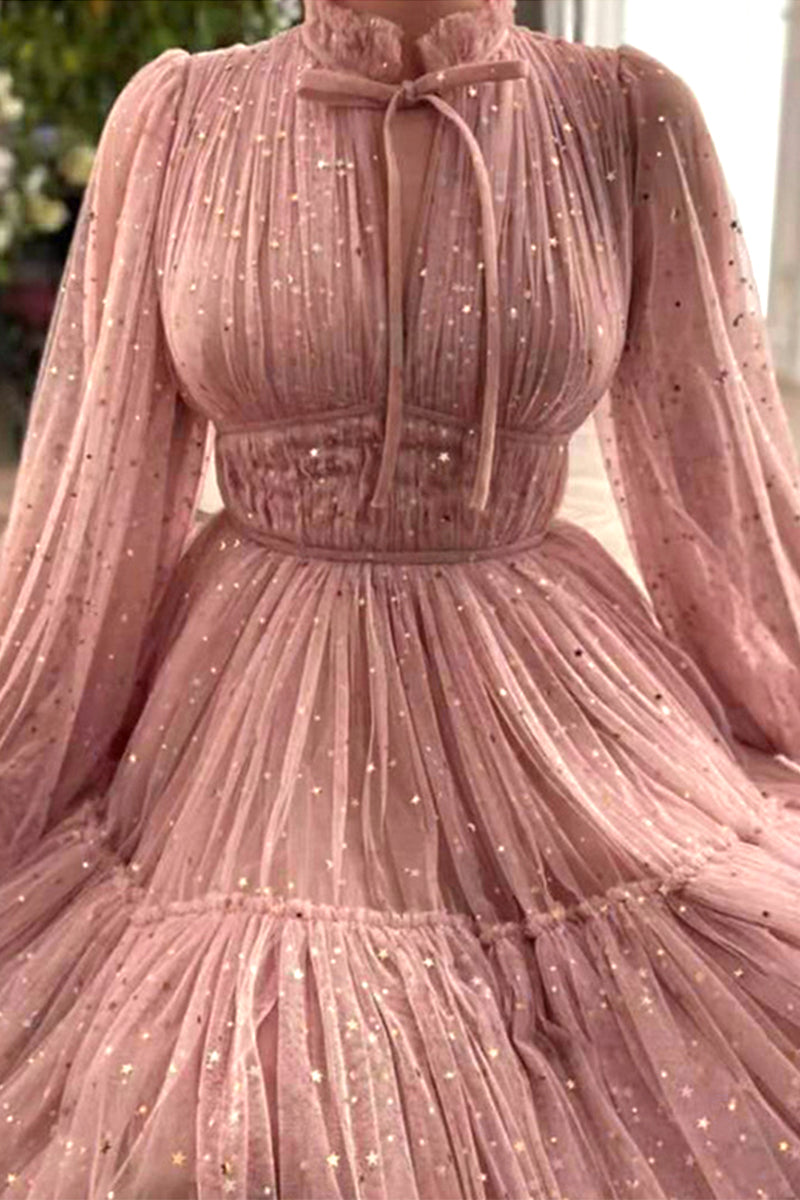 Abito da Sera Elegante e Dolce con Collo alla Coreana in Tulle Trapuntato Solido