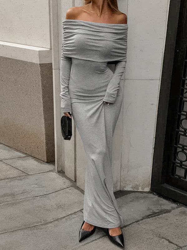 Lange Ärmel, schmal, plissiert, einfarbig, mit Schlitz, schulterfrei, Abendkleider, Maxikleider 