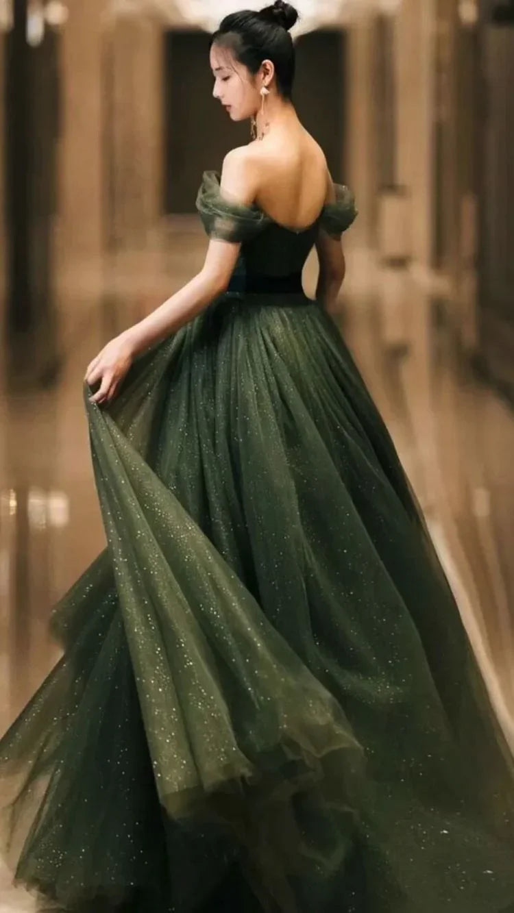 Abito lungo da sera semplice in tulle verde, abito da sera in tulle verde Y1554