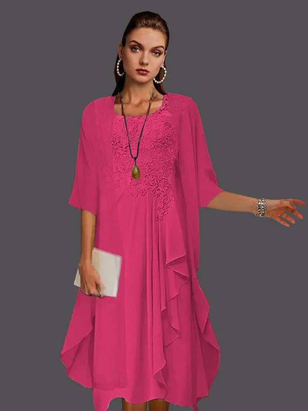 Vestidos de dos piezas con chaqueta sin mangas de encaje de gasa en línea A con pliegues y apliques