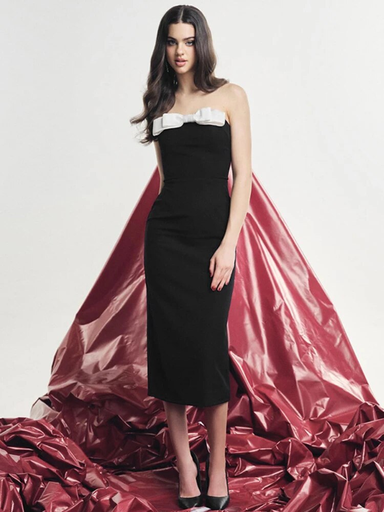 TARUXY Schwarz Splice Bogen Langes Kleid Frauen Sexy Schlitz Bodycon Off Schulter Kleider Dame Hochzeit Elegante Party Abendkleid Femme 