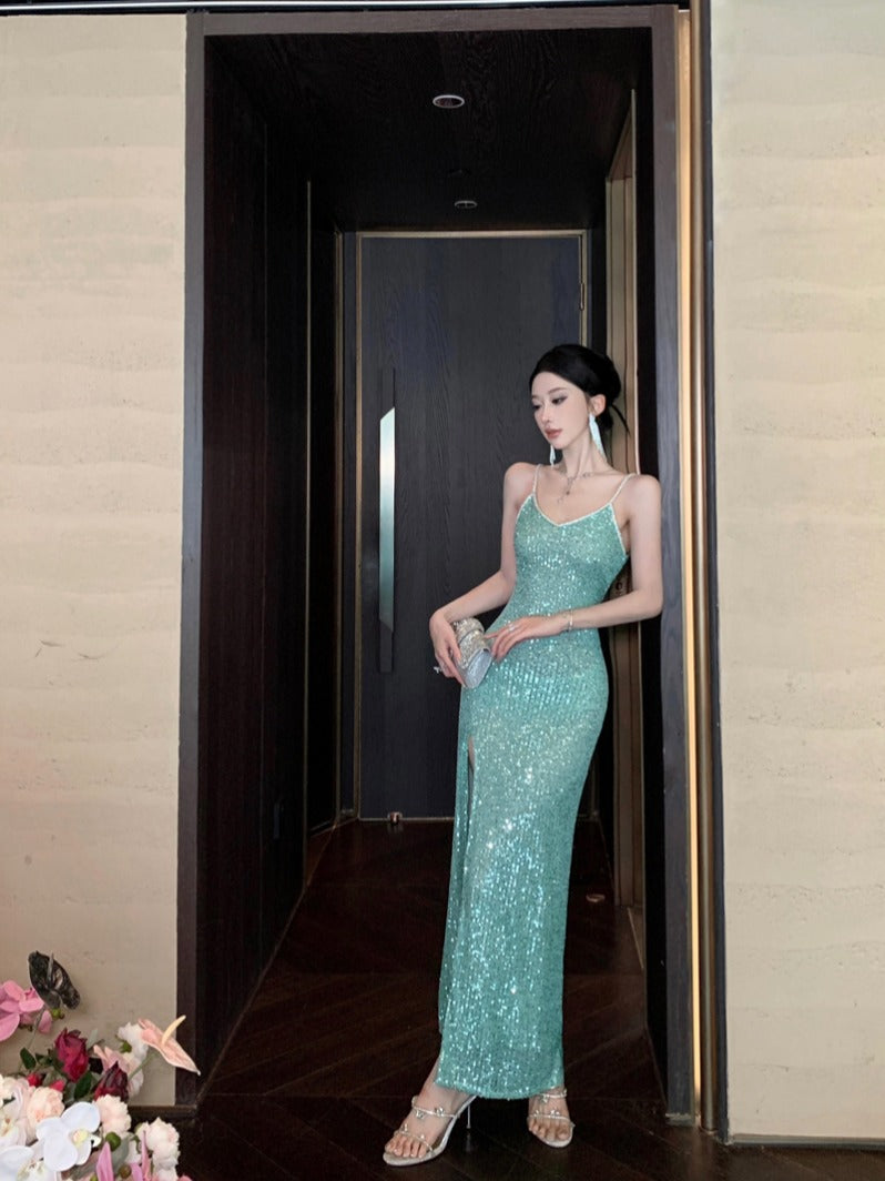 Green Sequin High-Slit Evening Dress – Elegant Party & Formal Gown