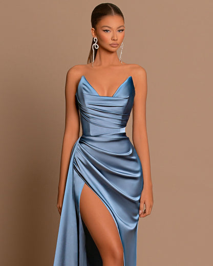 Simple Blue Satin Draped Mermaid Long Prom Dress with Slit