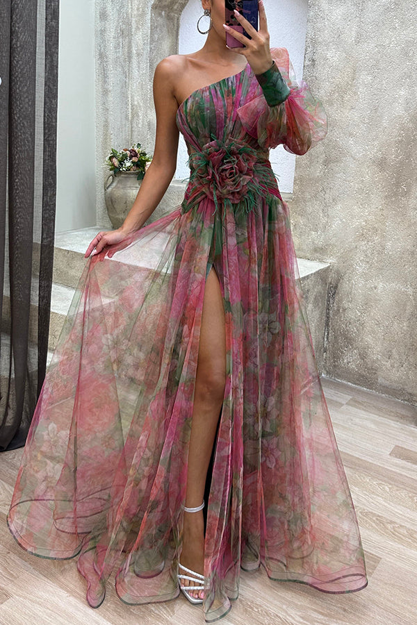 Vestido largo con abertura y un solo hombro, plisado, floral y tul de belleza pintoresca 