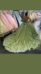 Abiti da Quinceañera Verdi Abito da Ballo Principessa con Applicazioni Fiori 3D per Feste Dolci 15 Modello Y121
