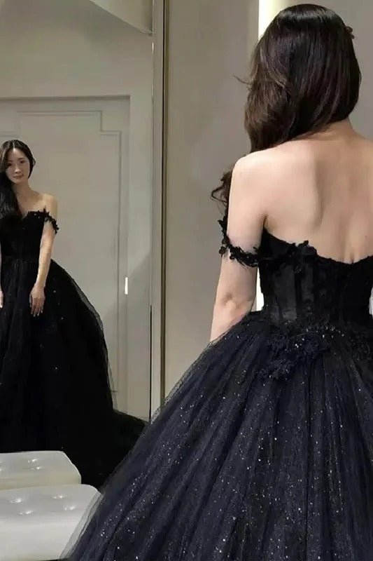 Black Shiny Tull Prom Dress Applique Off Shoulder Sweet Long Formal Wedding Party Dress Elegant Women's Evening Gowns Customized