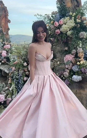 Abito lungo da sera elegante rosa senza spalline a linea ad A Abito da ballo Abbigliamento per compleanno Y7531