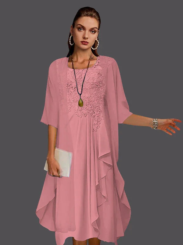 Vestidos de dos piezas con chaqueta sin mangas de encaje de gasa en línea A con pliegues y apliques