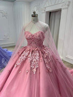 Abito da ballo rosa caramella in pizzo e tulle con mantella di tulle Abito per sedicesimo compleanno Y709