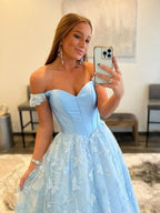 A Line Off the Shoulder Satin Lace Prom Dress