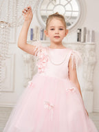 Princess Sleeveless Tulle Flower Girl Dress With Beading And Feather Bow