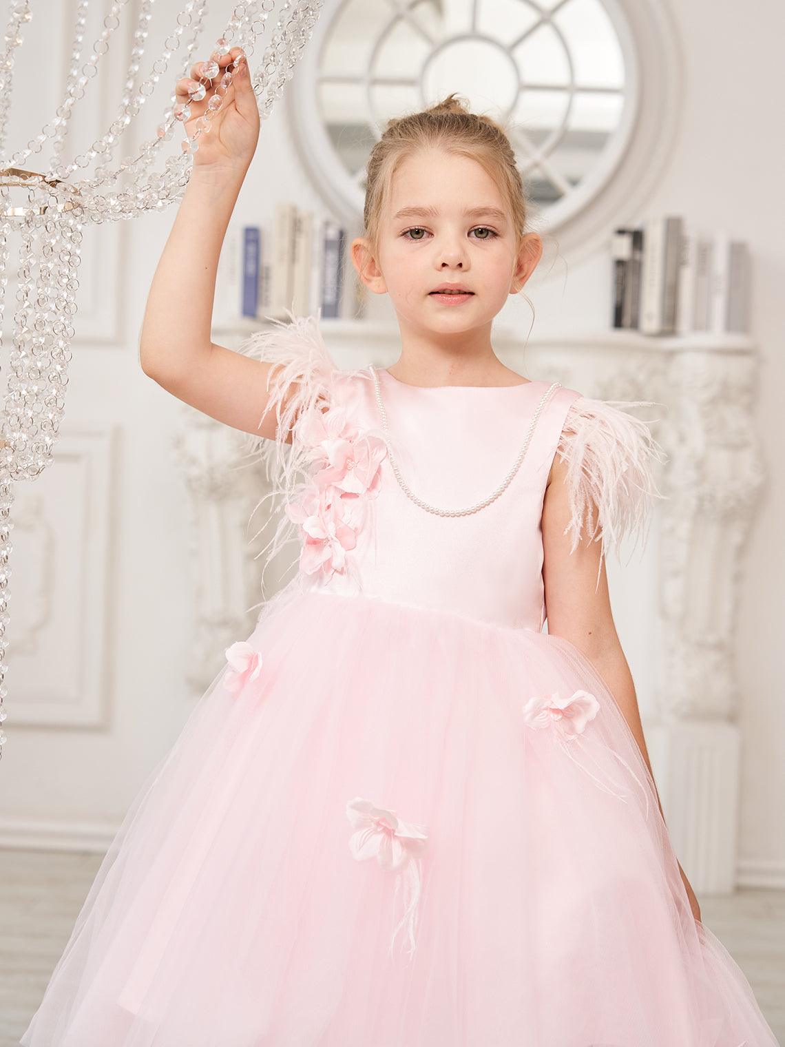 Princess Sleeveless Tulle Flower Girl Dress With Beading And Feather Bow