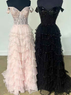 Glamorous Champagne Beaded Tiered Ruffle Corset Prom Dress