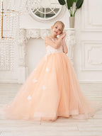 Elegant Sleeveless Tulle Flower Girl Dress With Applique Lace And Sweep Train