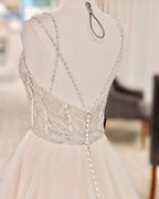 Modern Pearl Long A-Line Backless Wedding Dress With V-Neck