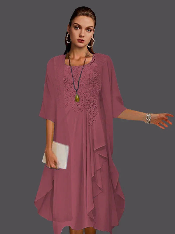 Vestidos de dos piezas con chaqueta sin mangas de encaje de gasa en línea A con pliegues y apliques