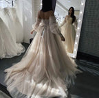 Romantic Lace Long Sleeve Backless Appliques Wedding Dress With Crystal Tulle