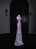 Splendido abito lungo da sera rosa con scollo a V e paillettes Y8688