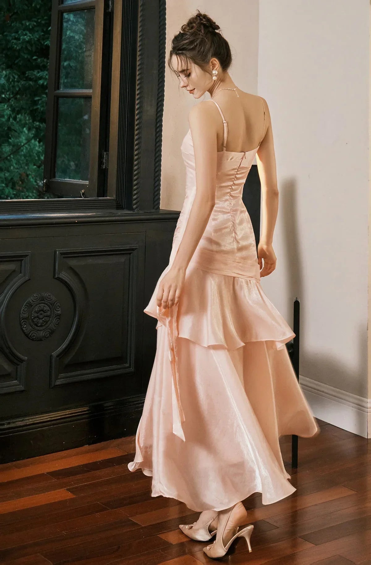 Vestido de Noite Sereia em Cetim com Alças Doce Coração Rosa Doce Vestido Longo de Baile Y8092