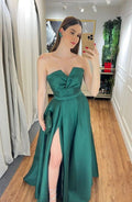 Vestidos de Festa Longos em Cetim Verde Elegante com Decote em V Vestidos Formais de Noite Y5360
