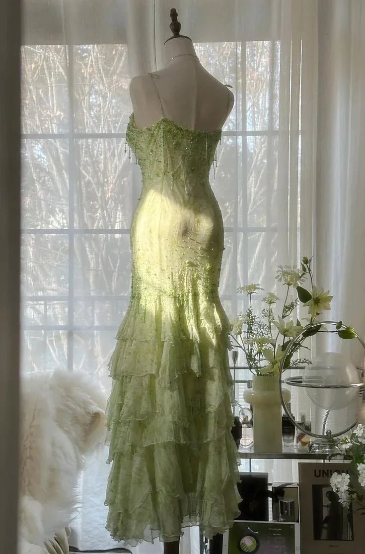 Splendido Abito da Sera Verde Smeraldo a Cuore in Chiffon con Perline e Strati, Abito Lungo da Cerimonia Y8558