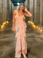 Incantevole abito da sera rosa con balze di chiffon a più strati, spacco, modello sirena, abito da festa Y8006