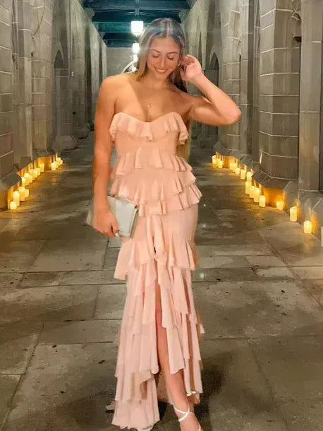Incantevole abito da sera rosa con balze di chiffon a più strati, spacco, modello sirena, abito da festa Y8006