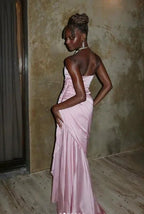 Vestido de Noite Elegante Rosa Sereia Sem Alças Plissado Vestido de Baile Y8126