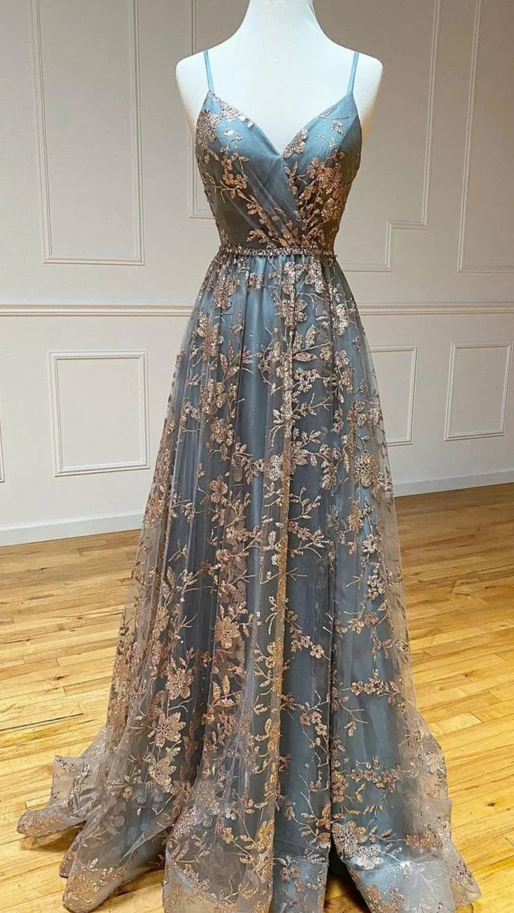 Abito lungo da sera con scollo a V a linea ad A, tulle e paillettes, senza schienale, abito lungo da ballo Y5620