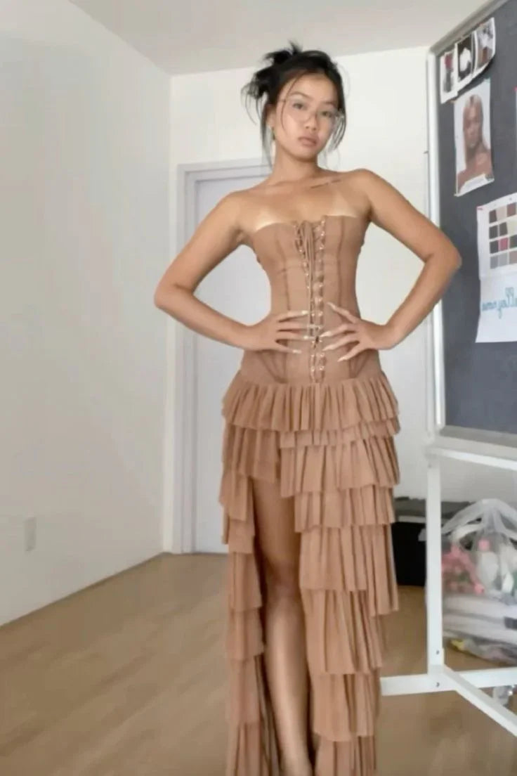 Vestido Vintage Longo de Festa em Camadas de Chiffon Sem Alças com Fenda Y7859