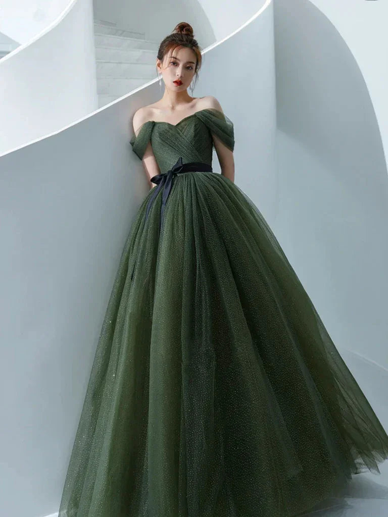 Abito lungo da sera semplice in tulle verde, abito da sera in tulle verde Y1554