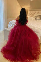 Abito da sera in tulle bordeaux con maniche lunghe Y503