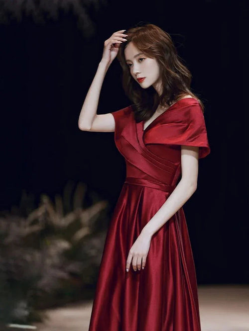 Vestido de noite em linha A, decote em V, vestido de baile curto com mangas curtas, vestido longo de cetim formal para mulher, vestido feito à medida Y4574