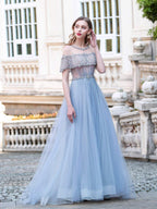 Robes de soirée formelles de mode luxueuses en tulle perlées coupe en A, manches courtes, longueur au sol, robes de bal