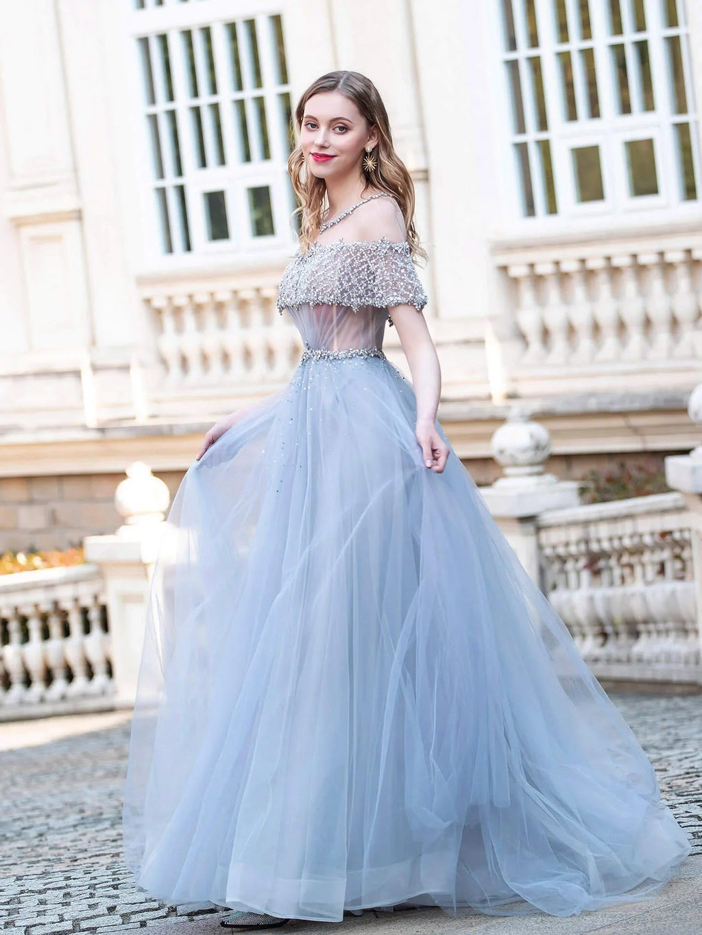 Robes de soirée formelles de mode luxueuses en tulle perlées coupe en A, manches courtes, longueur au sol, robes de bal