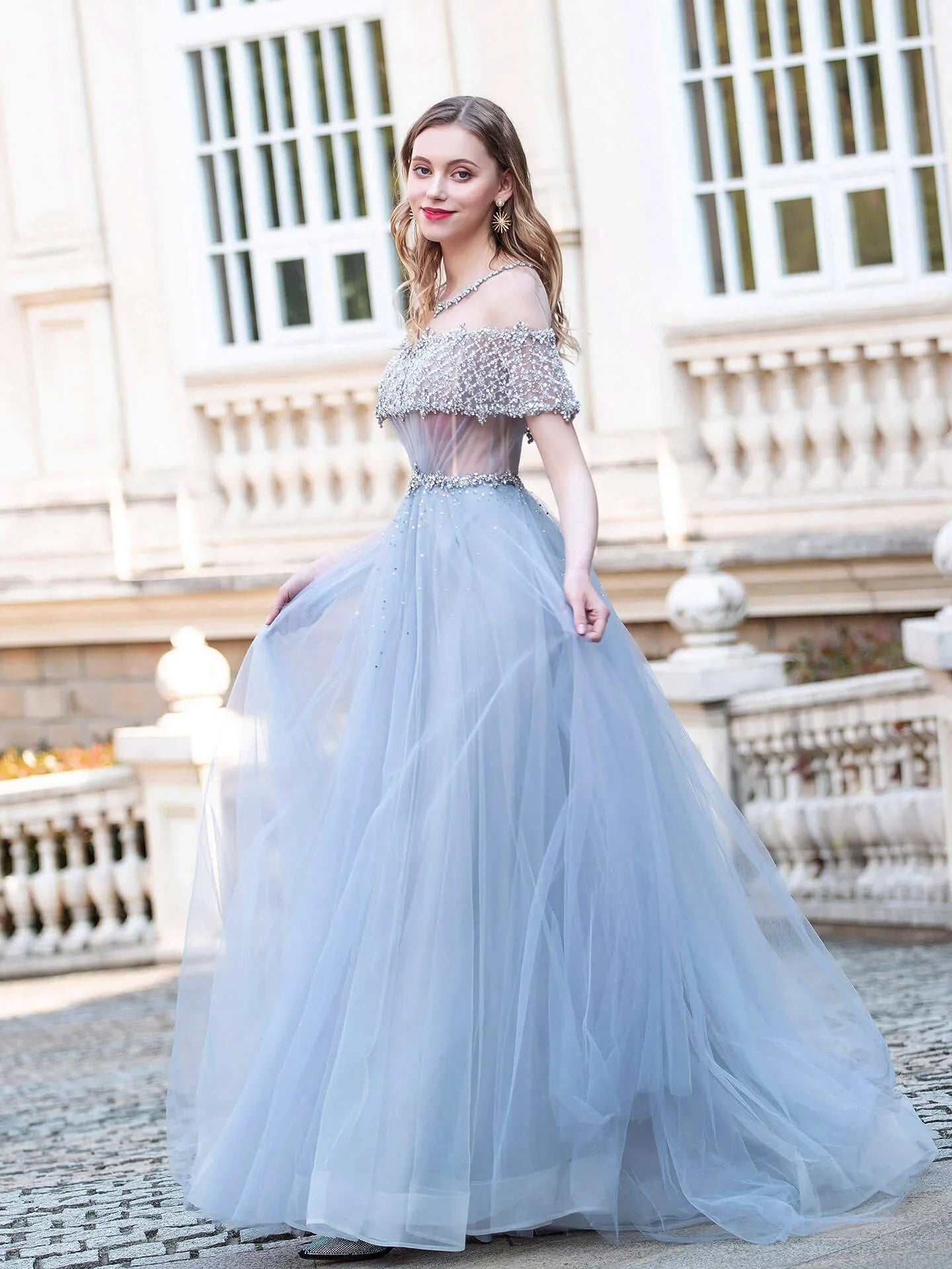 Robes de soirée formelles de mode luxueuses en tulle perlées coupe en A, manches courtes, longueur au sol, robes de bal