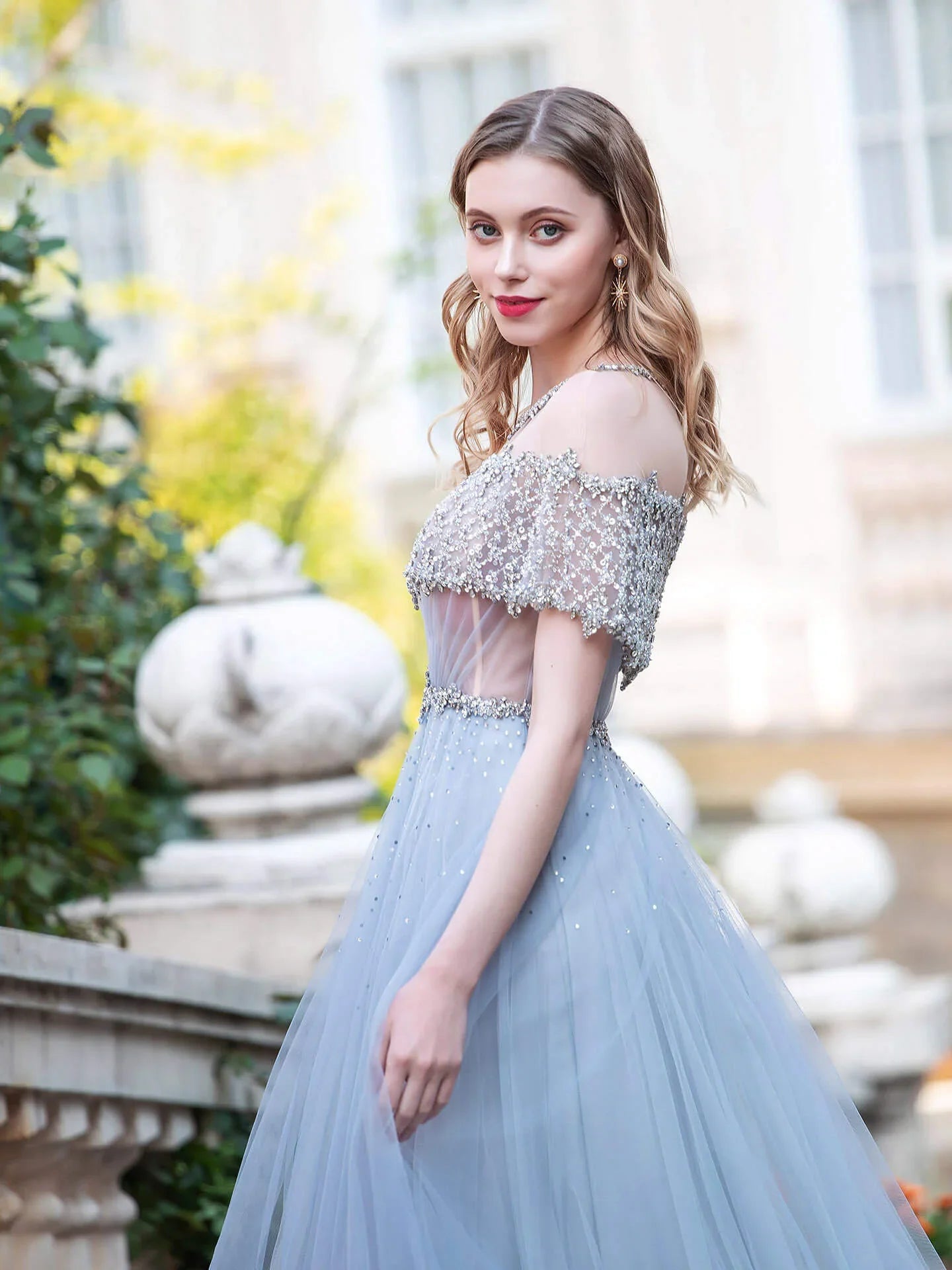 Robes de soirée formelles de mode luxueuses en tulle perlées coupe en A, manches courtes, longueur au sol, robes de bal